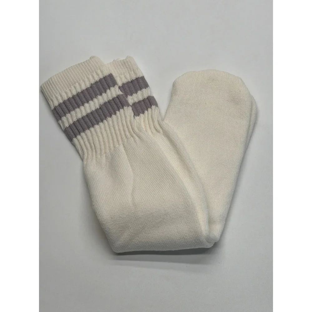 Vintage Style Cream Tube Socks Grey Striped Athletic Ribbed Mid Calf Unisex